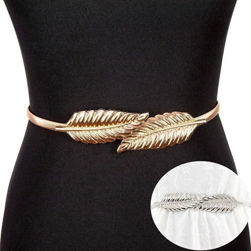 🍃 Leaf Buckle Stretchy Elastic Gold/Silver Metal Dress Belt SIZE XS – XXL NEW